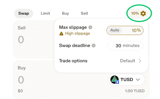 Uniswap swap settings with max slippage set to 10%