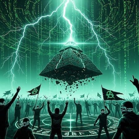 A crowd with flags under a pyramid struck by lightning