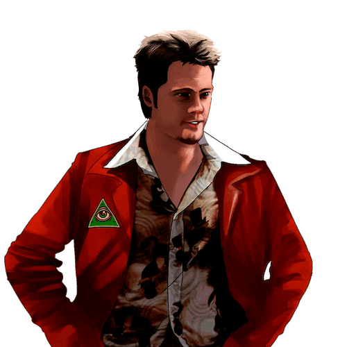 An illustrated rebel in a red leather jacket with a ₸ pin