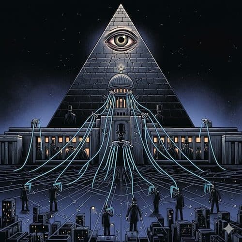 A pyramid with an all-seeing eye over a government building