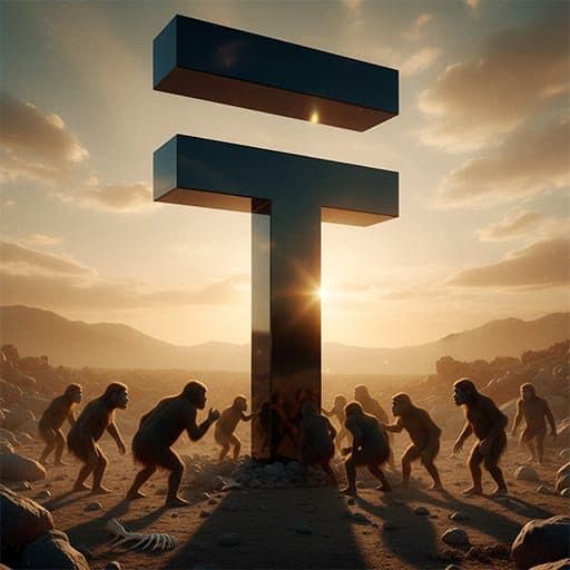 A ₸ monolith at dawn, surrounded by early hominids