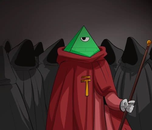 A hooded figure with a green pyramid head among cloaked followers