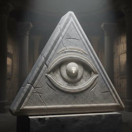 The all-seeing eye with a ₸ iris, carved in stone